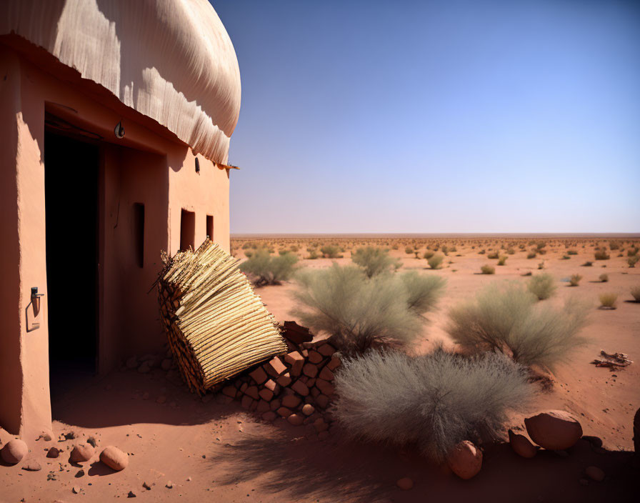 Traditional mud house with thatched roof in desert landscape