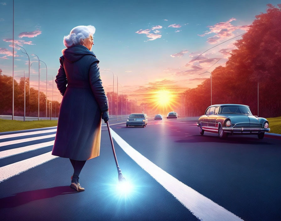 Elderly person with white hair at crosswalk with classic cars under sunset-lit sky