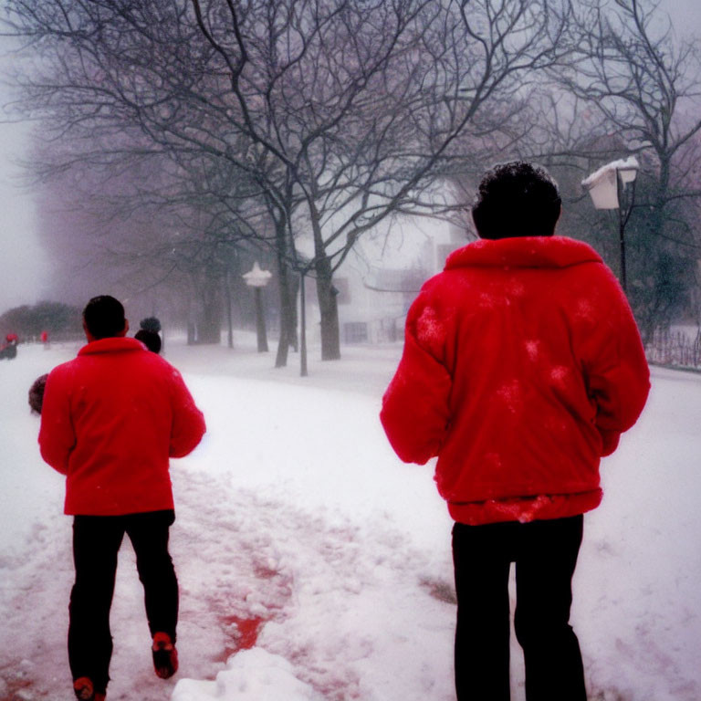 Two people in red jackets on snowy path with bare trees and fog