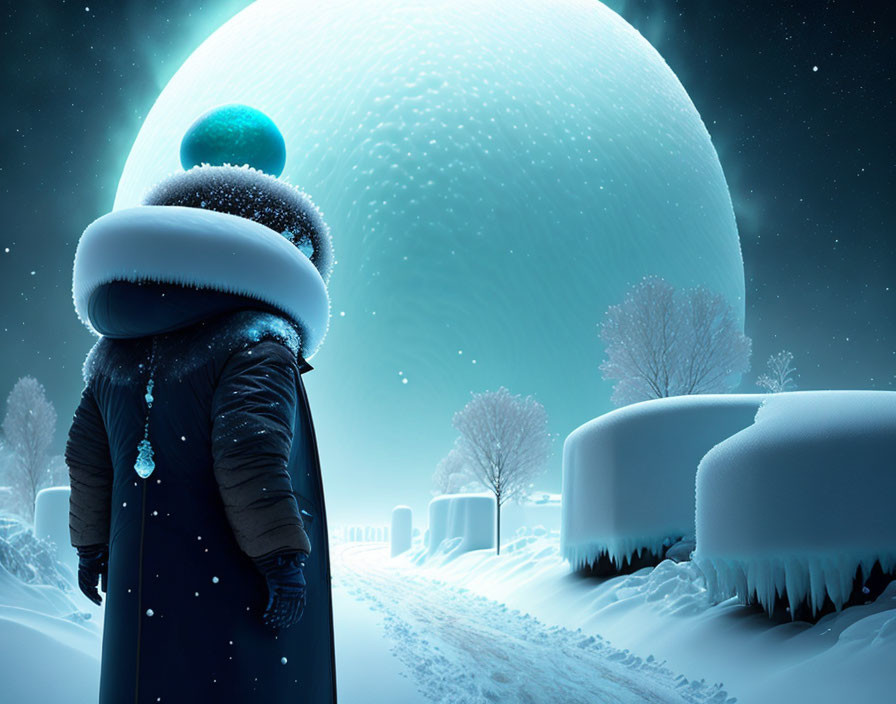 Person in winter coat before surreal snowy planet in mystical wintry landscape