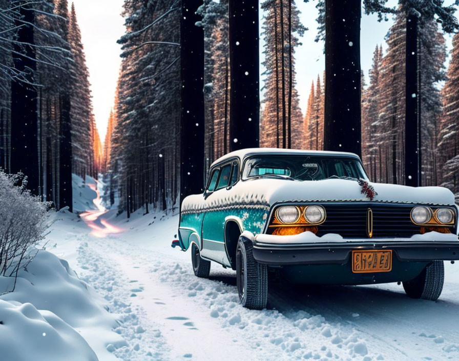 Vintage Car in Snowy Forest with Tall Trees at Dusk