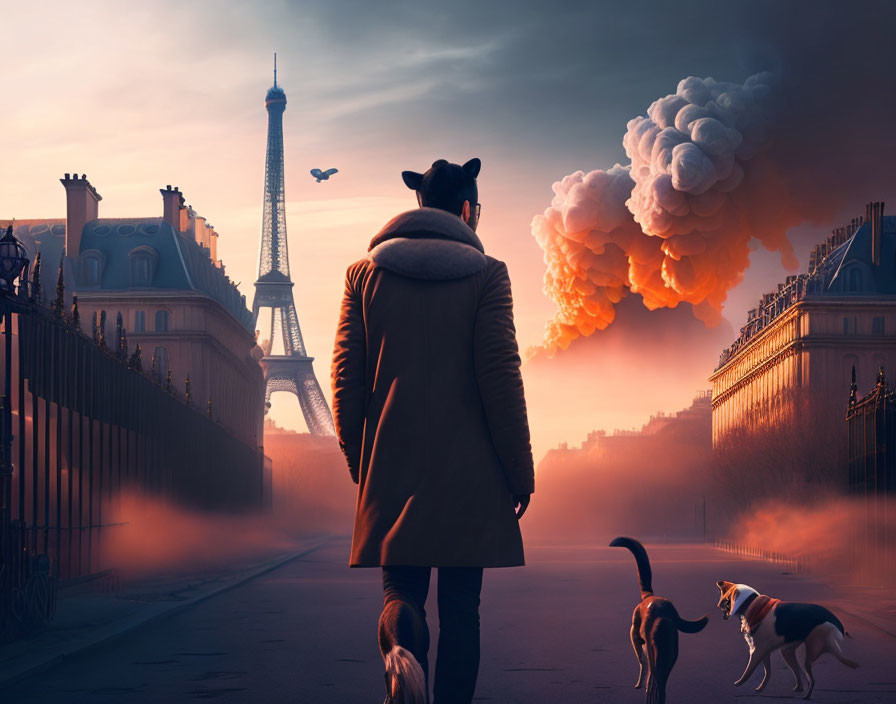 Person and two dogs near massive fire by Eiffel Tower in surreal scene