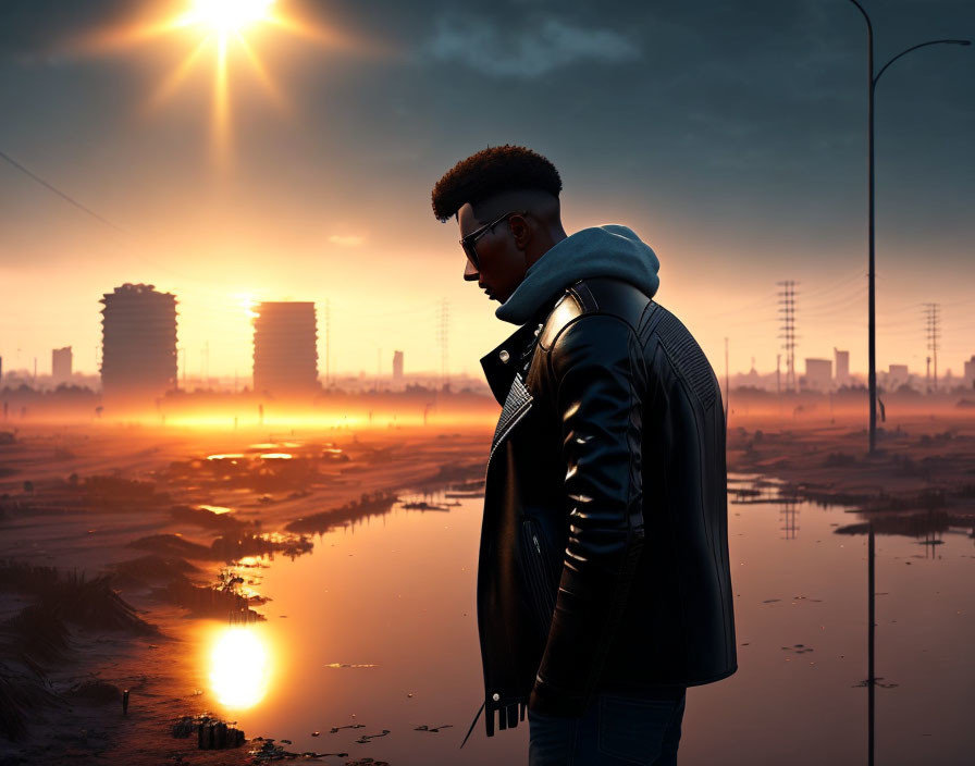 Man in leather jacket standing by waterlogged field at sunset with city buildings.