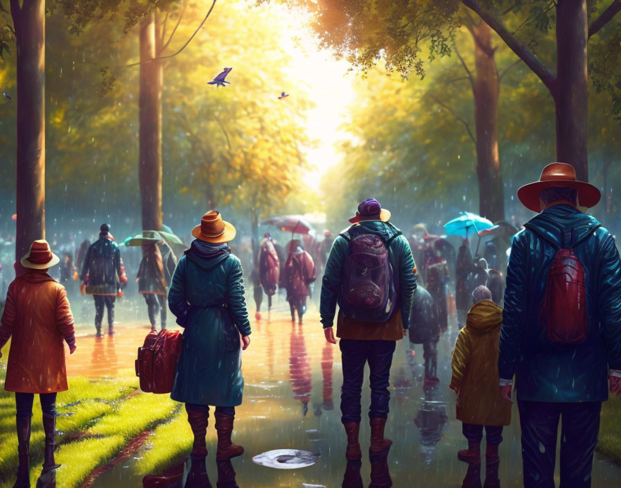 Colorful autumn rain scene with people under umbrellas, sunlight, wet pavement, and flying bird