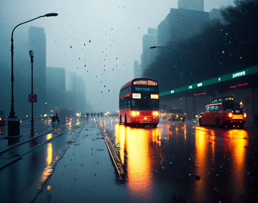 Rainy city scene with red bus and cars reflected on wet asphalt.