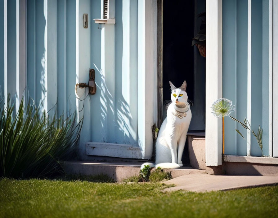 White Cat with Collar Standing by Blue Doorway