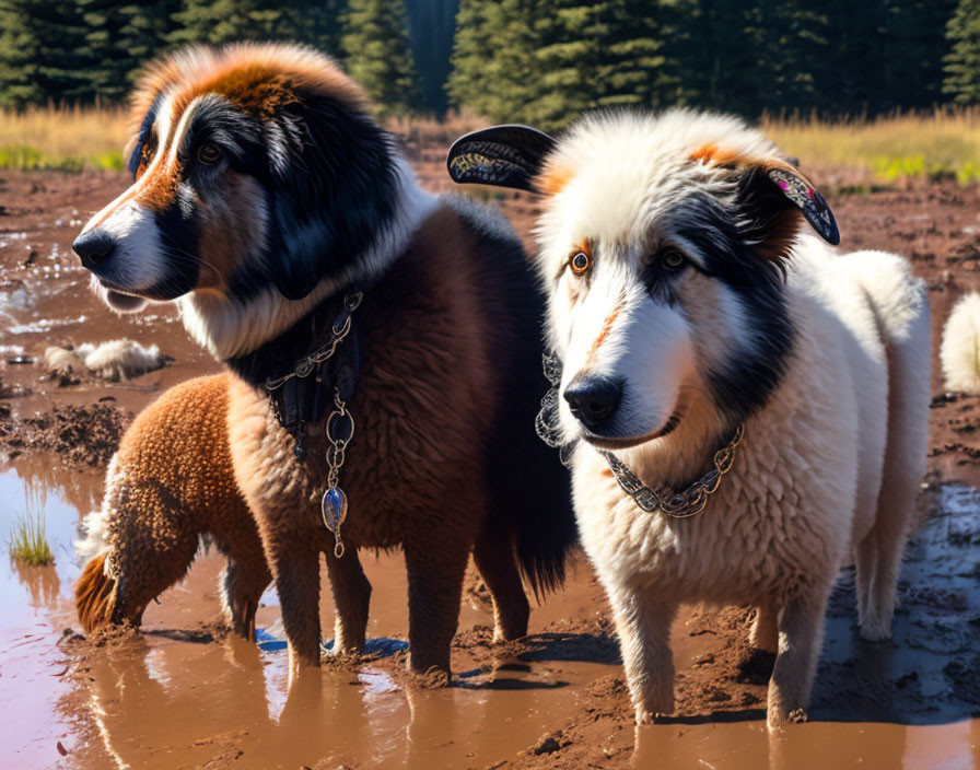 Two dogs with chain collars in muddy field, one brown, one white with black spots, both