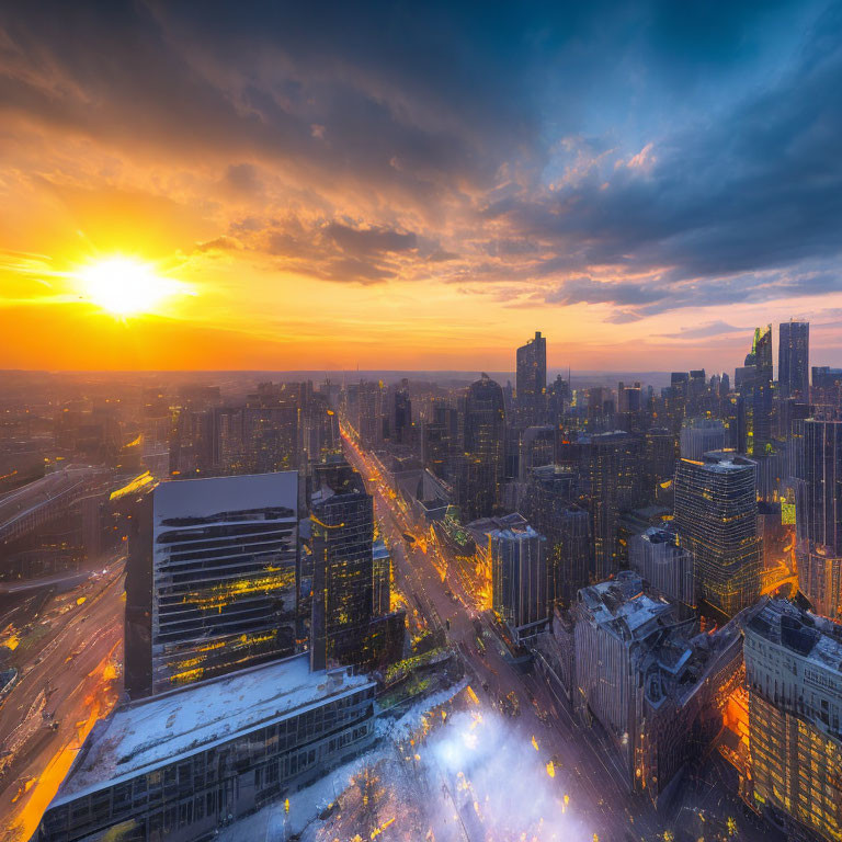 Cityscape with Skyscrapers and Roads at Sunset