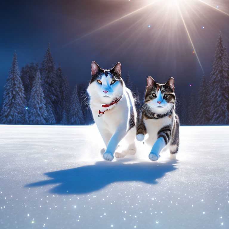 Two Cats with Blue Eyes in Snowy Scene with Starry Sky