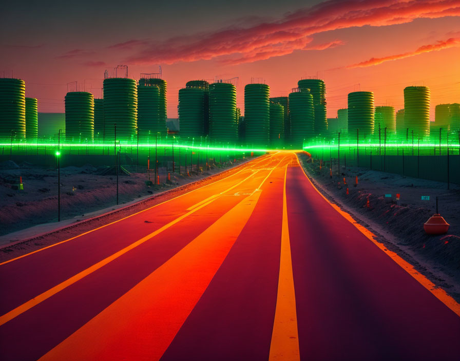 Colorful sunset over road & futuristic cylindrical buildings with neon green lights