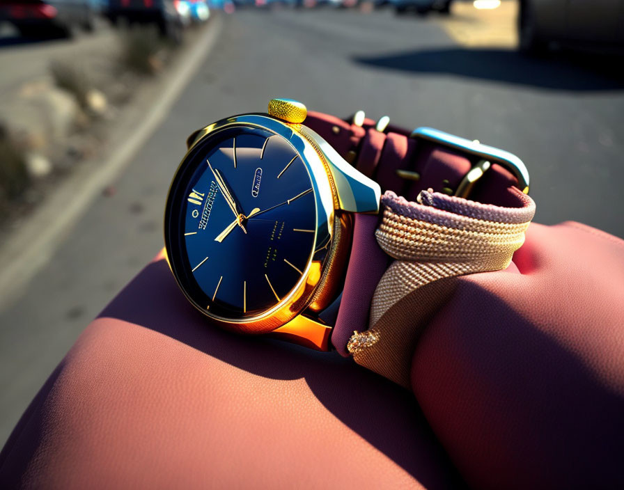 Blue Face Golden Casing Wristwatch on Burgundy Surface