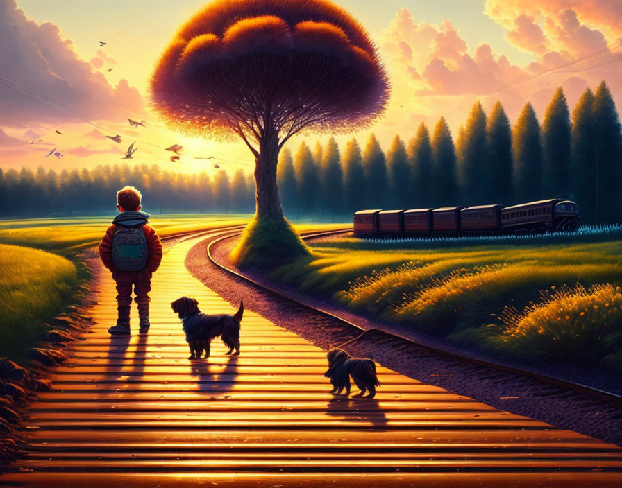 Child, dogs, train, tree, sunset on railway track.