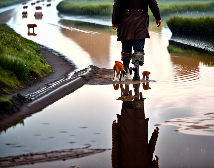 Traditional attired person walking with dog near cows on wet path