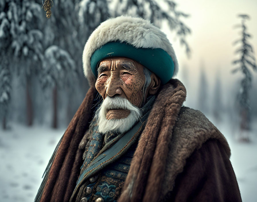 Elderly man in fur hat and cloak in snow-covered forest