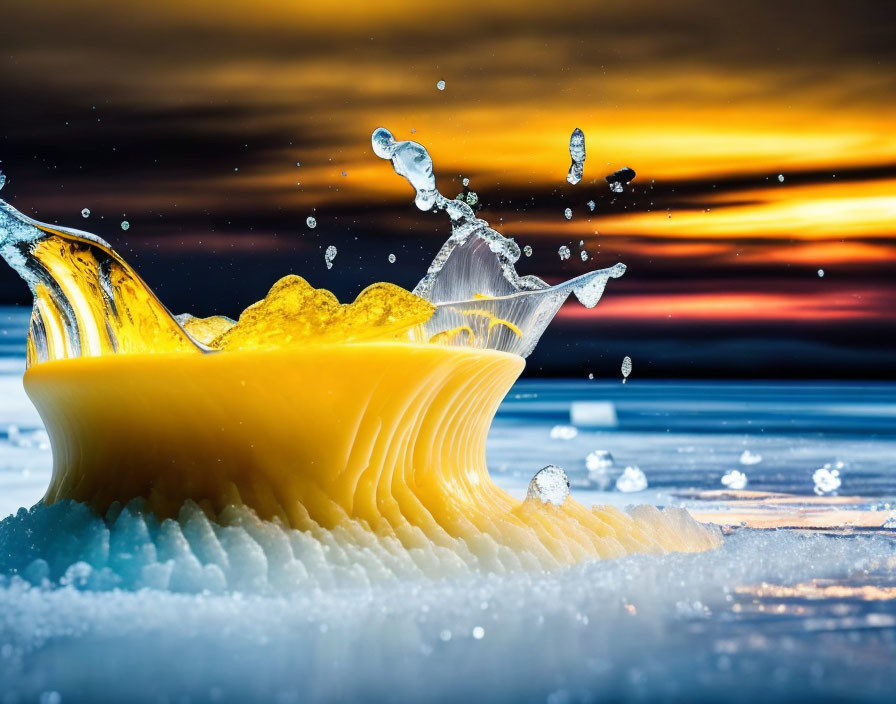 Colorful Pasta Splash with Water Droplets in Sunset Sky