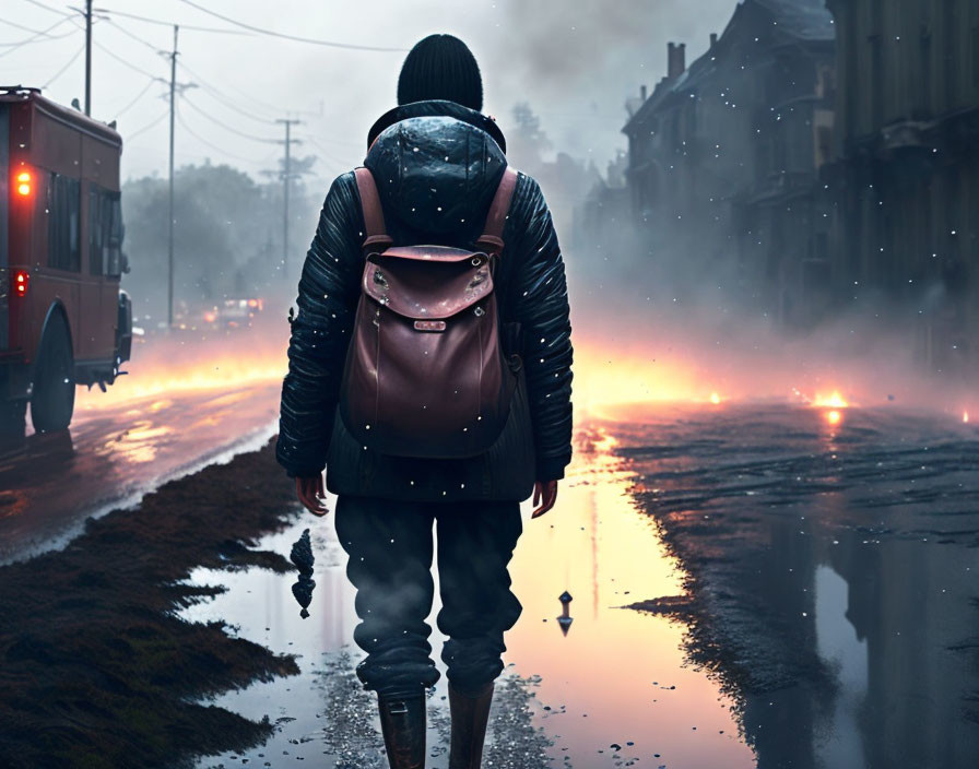 Person with backpack walking on misty, wet street under eerie orange light