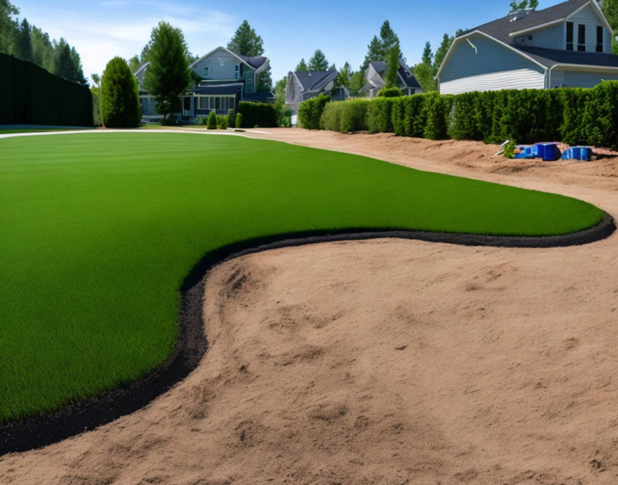 Manicured lawn with sand trap, houses, and blue sky