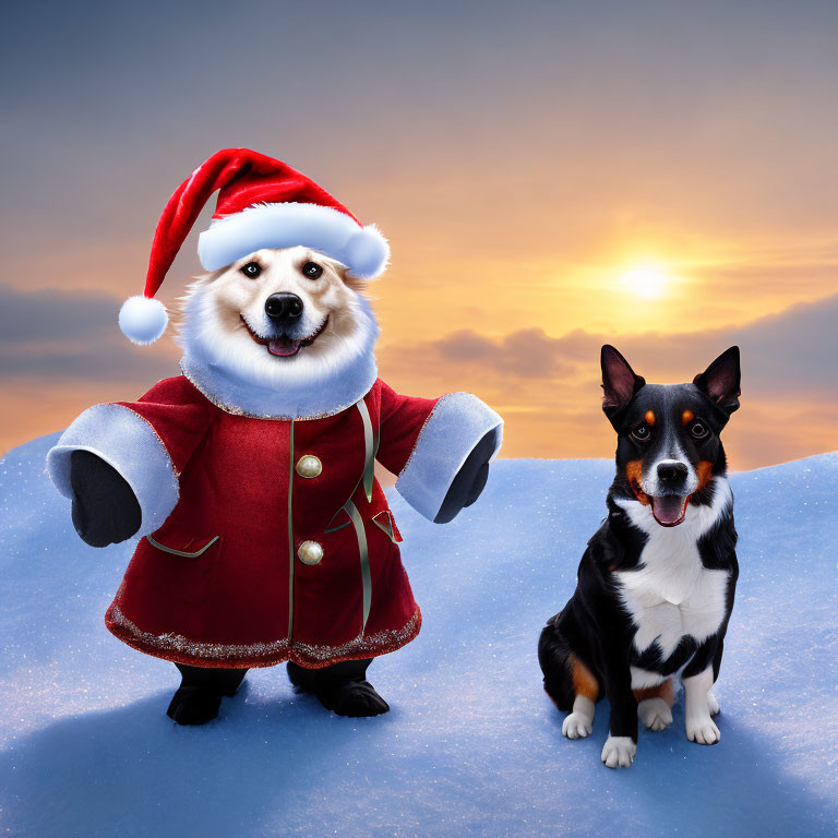 Two dogs in Santa and black & white costumes on snowy ground at sunset