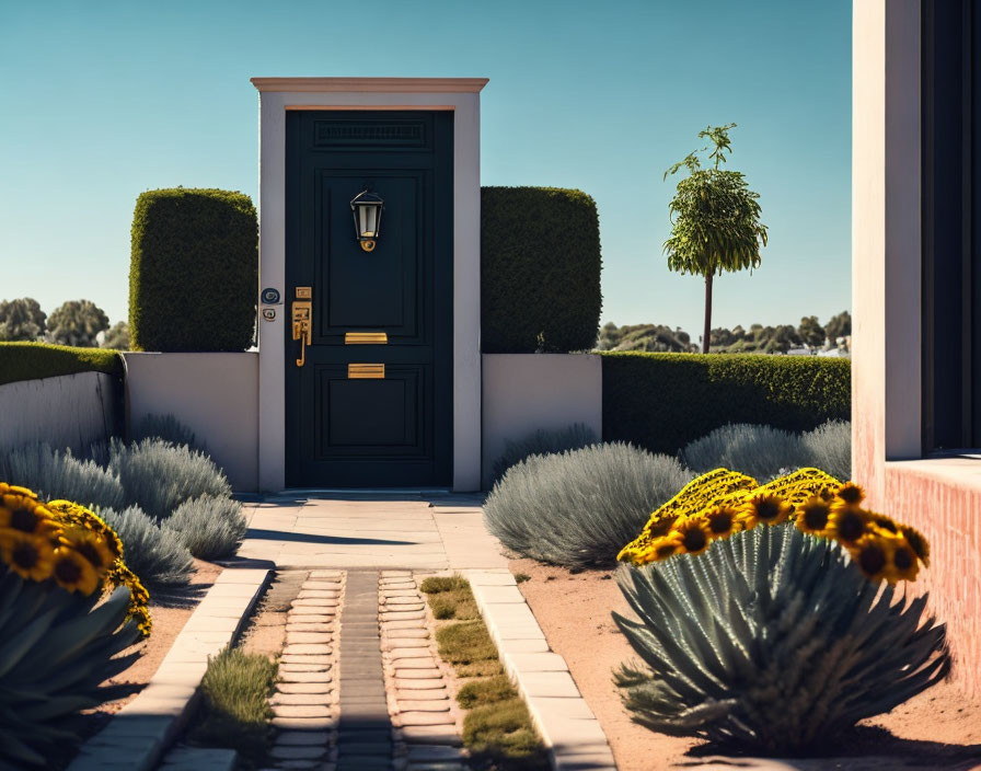 Dark Green Front Door with Gold Accents and Topiary on Brick Pathway