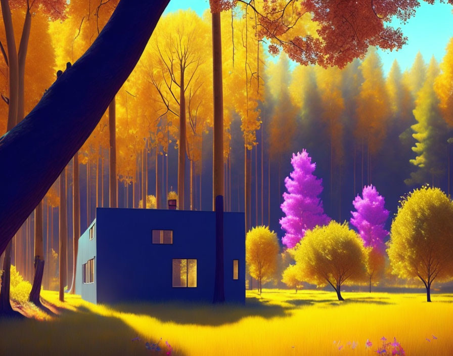 Colorful Forest with Yellow and Purple Trees and Blue House