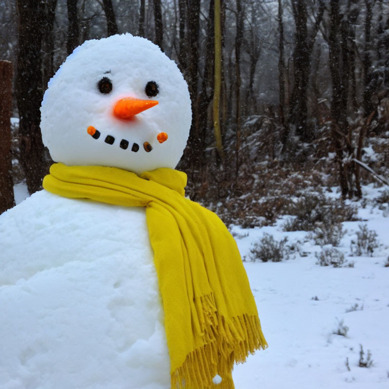 Cheerful snowman with carrot nose and yellow scarf in snowy forest