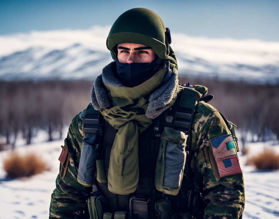 Soldier in cold-weather gear with American flag patch in snowy landscape