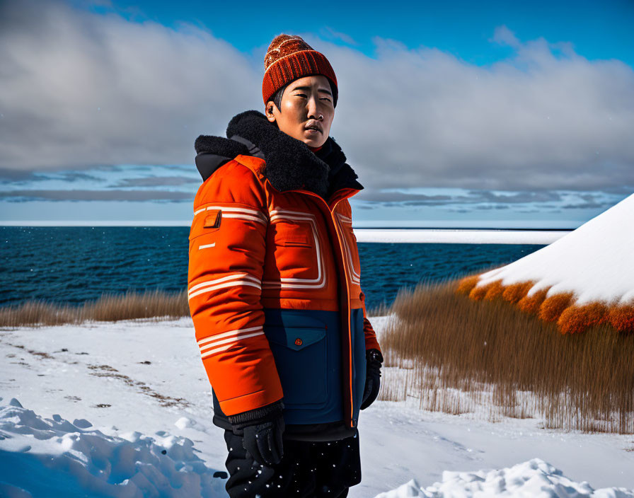 Person in Orange Jacket and Red Beanie by Snowy Landscape and Blue Sea