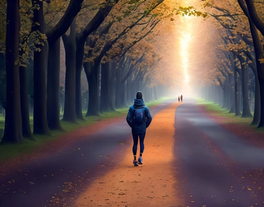 Autumn scene: Person walking on tree-lined path with sunlight and distant figure.