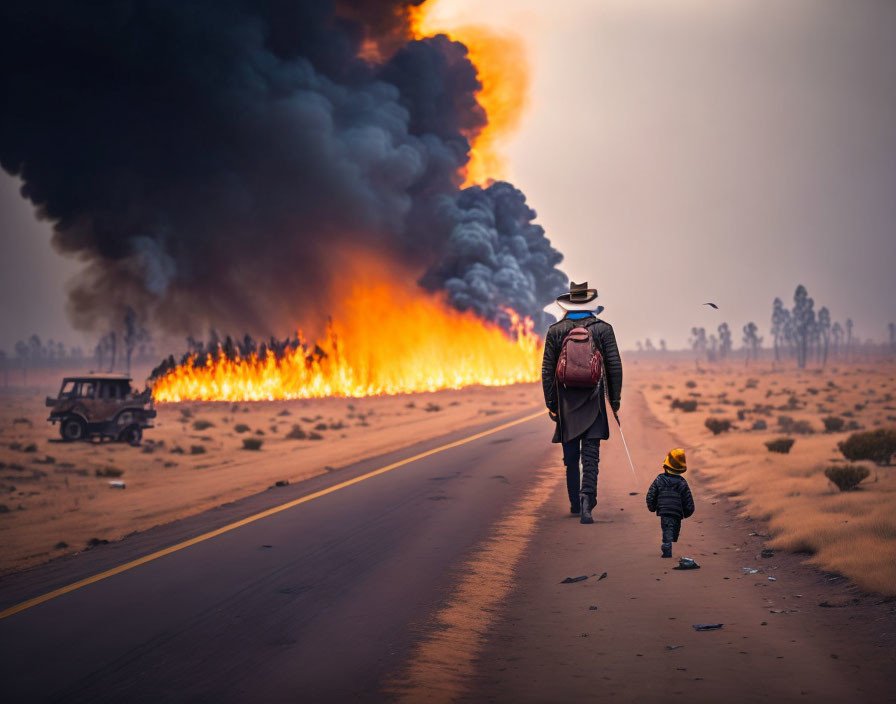 Adult and child near raging wildfire with SUV and trees in background