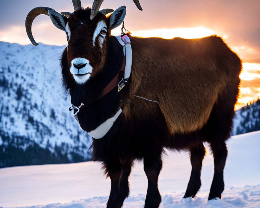 Majestic goat with long curved horns in snow against mountain backdrop at sunset