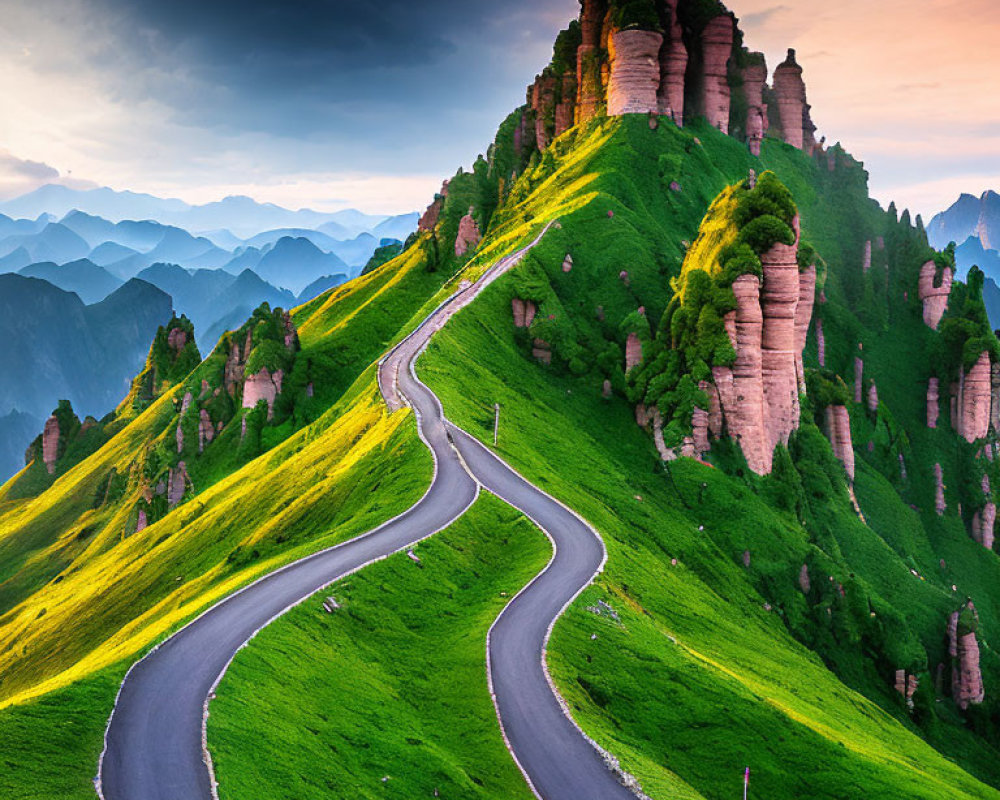 Scenic winding road on lush green hillside with unique rock formations at sunrise or sunset