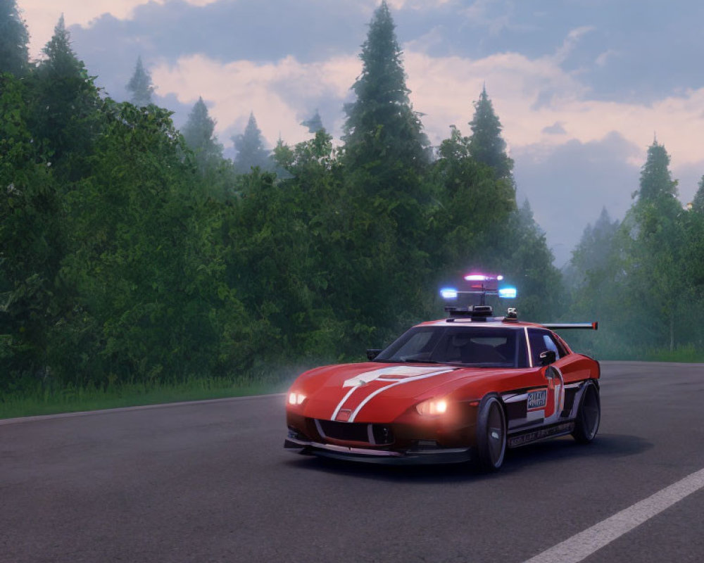 Classic Sports Car Styled Police Car with Flashing Lights Parked in Misty Forest Environment