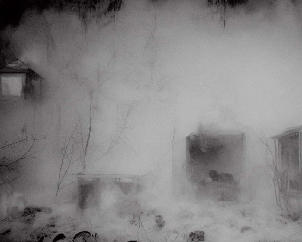 Misty black and white landscape with bare trees and obscured structures