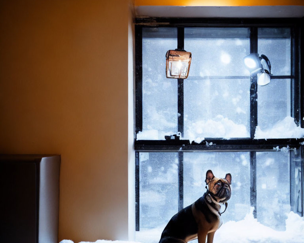 Dog sitting inside by window on snow-covered ground