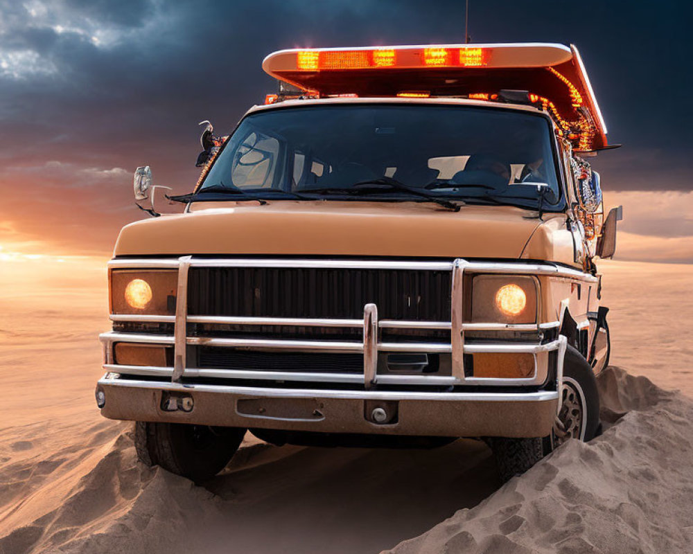 Tow truck with flashing lights in desert dusk landscape