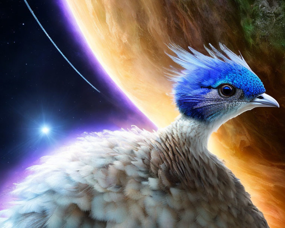 Colorful Peacock Art with Cosmic Background and Planets