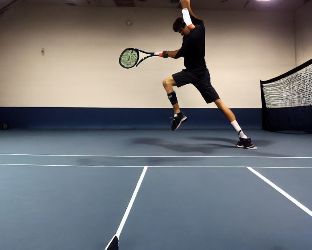 Athlete in action on indoor tennis court showcasing agility and focus