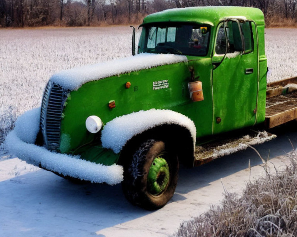 Vintage Green Truck Covered in Frost in Snowy Field