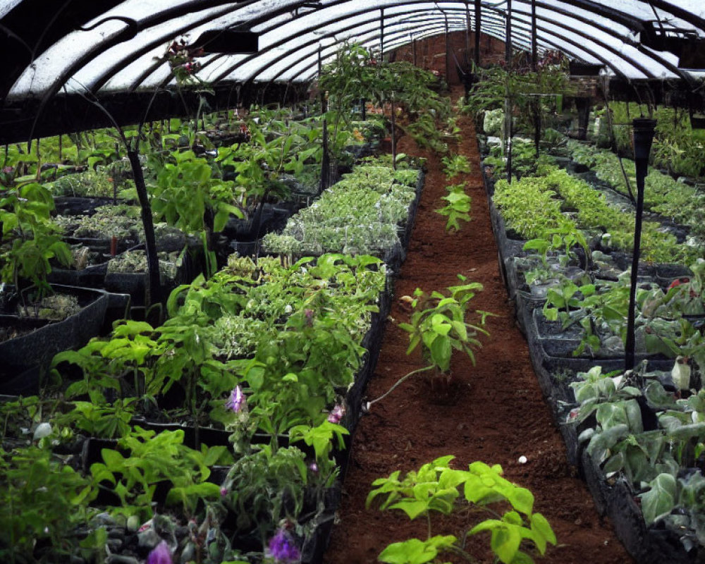 Greenhouse with Various Potted Plants and Arched Roof