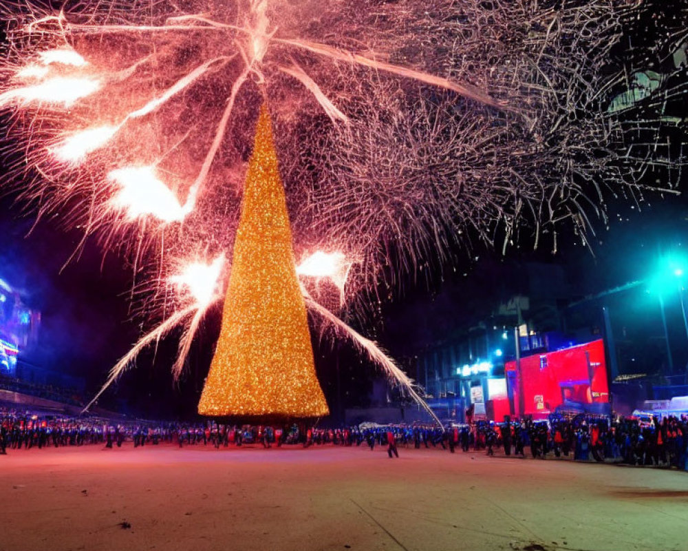 Crowd admires illuminated Christmas tree and fireworks display