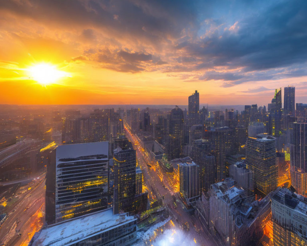 Cityscape with Skyscrapers and Roads at Sunset