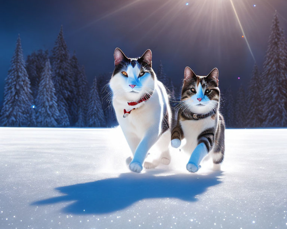 Two Cats with Blue Eyes in Snowy Scene with Starry Sky