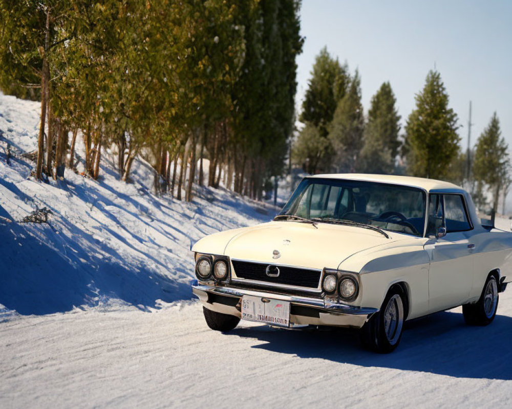 Vintage white convertible car on snowy road with evergreen trees and blue sky