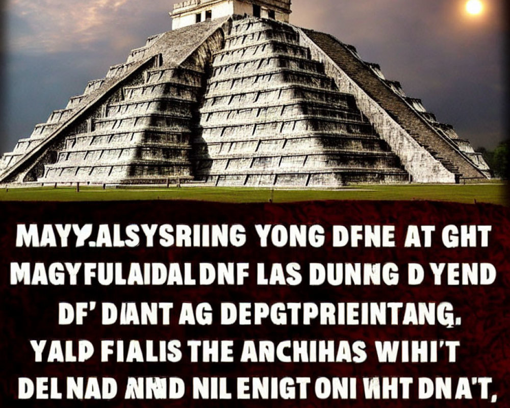 Stone pyramid with staircases under dramatic sky and sun, obscured text overlay.