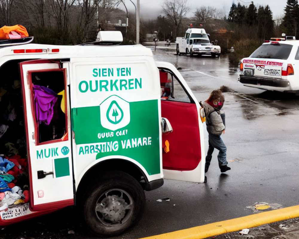 Child standing by cluttered white and red van on damp street.