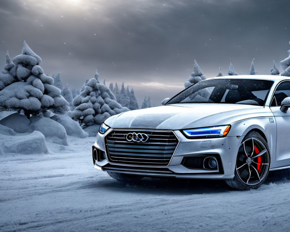 Snowy Road: White Audi, Snow-Covered Trees & Cloudy Sky