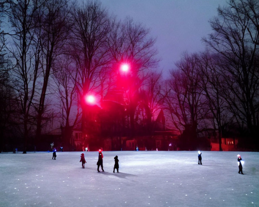 Nighttime ice rink with skaters, trees, and red lights