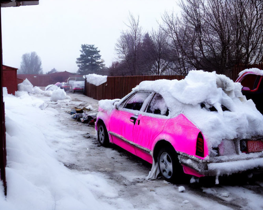 Pink car covered in snow in cluttered snowy setting with buildings.