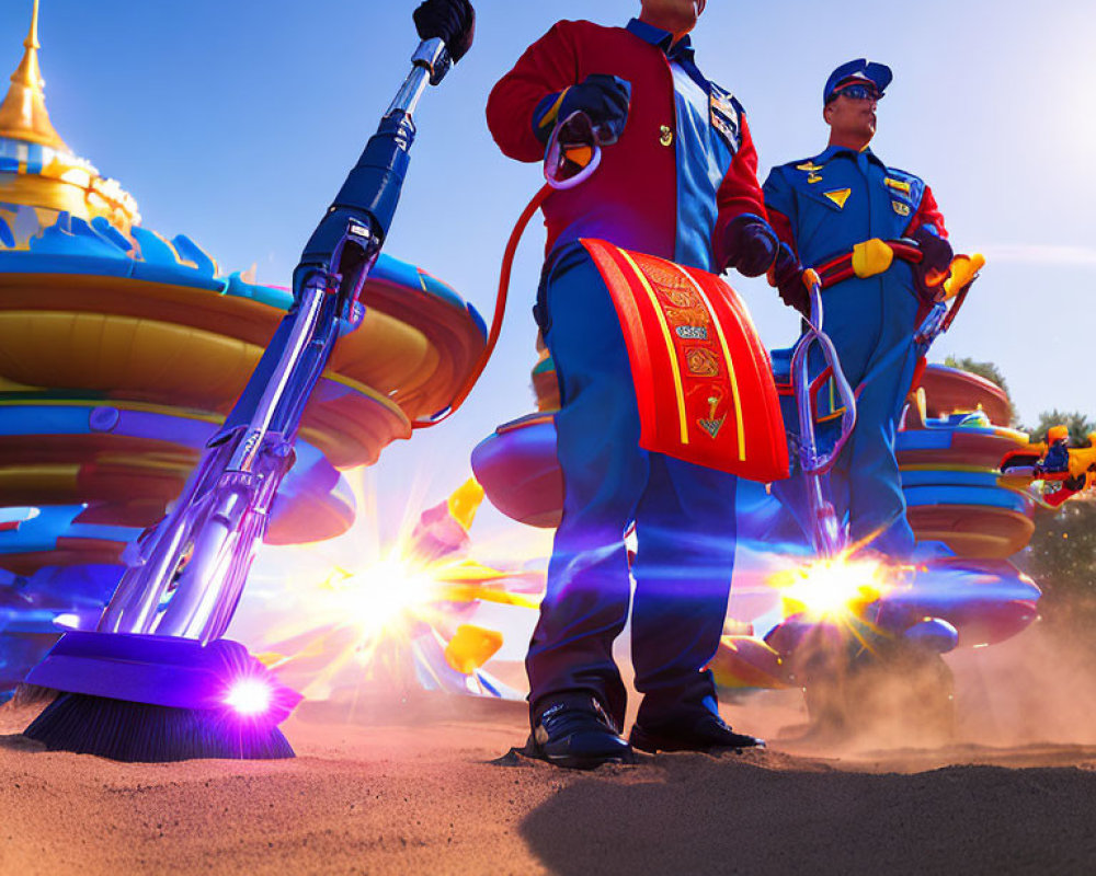 Two workers in blue uniforms cleaning amusement park area with vacuum and broom, colorful ride structures in background