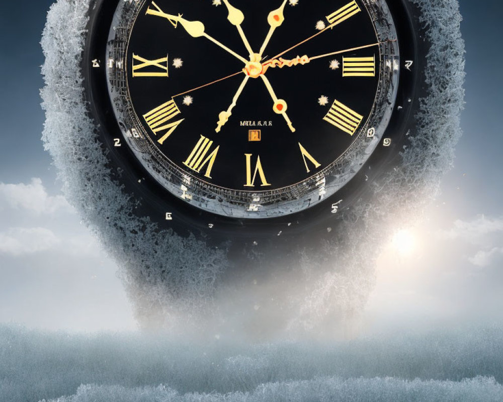 Clock face with Roman numerals above misty icy landscape